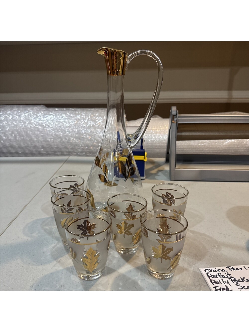VTG Mid-Century Modern Romanian blown glass decanter w/ 6 glasses.